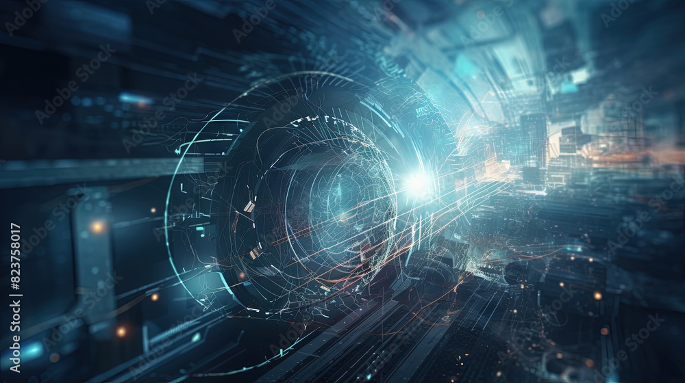 Poster Abstract technology burst with glowing wires and particles in motion. Technology and science dynamic background.