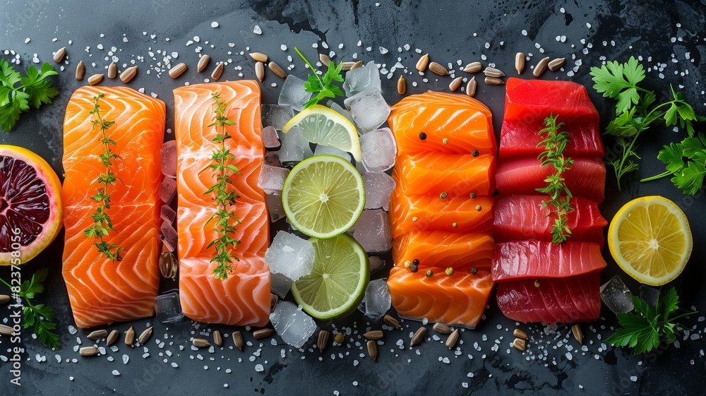Wall mural Pieces of fresh salmon fillet, red tuna, shrimp, pepper, rosemary leaves, lemon and ice on a dark stone background, top view. A mix of fresh seafood with ocean views. - Wall murals