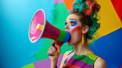 A beautiful fashion girl with bright makeup screams into a megaphone, promo action concept.