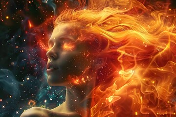 A stunning cosmic woman exudes a powerful presence with fiery locks, emanating a sensual aura