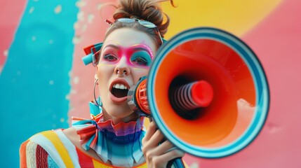 A beautiful fashion girl with bright makeup screams into a megaphone, promo action concept.