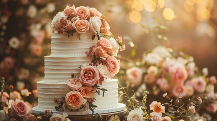 Exquisite cake displayed on a decorative podium with pastel colors, ideal for wedding and celebration themes with elegant floral accents