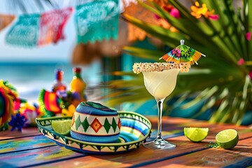 Vibrant Mexican-themed summer fiesta party featuring sombrero hats, maracas, and margarita cocktails