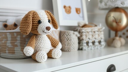 crocheted puppy on the dresser with white drawer in the baby's room, creating a feeling of love and tenderness generative ai