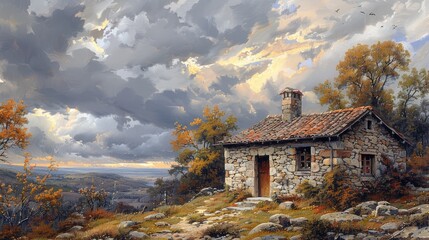 An old stone house with a blue sky towers over colorful autumn trees in a rural landscape.