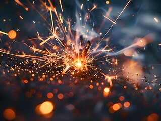 Obraz premium An intense moment frozen in time as a sparkler bursts into life, scattering fiery particles against a dark background.