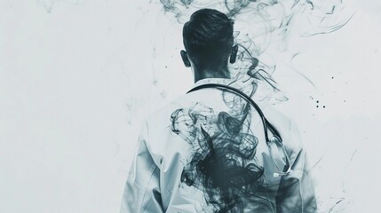 Overworked doctor with a stethoscope around neck, rear view, burnout theme, surreal, double exposure, pristine white background