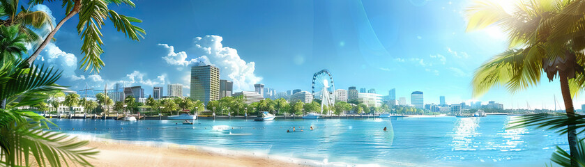 Fototapeta premium City Beach: Focus on urban beaches, waterfront parks, and recreational areas, showcasing the city's waterfront lifestyle and outdoor activities
