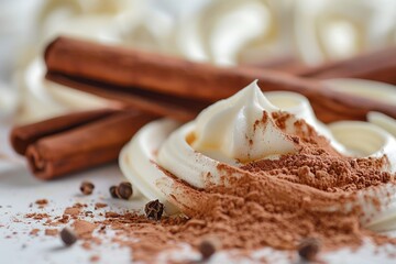 Cinnamon dusting on a sweet dessert, focus on spice application, culinary theme, vibrant, composite, white backdrop