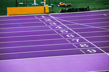 Purple Finish Line at Summer Athletics Stadium in Paris 2024. Track and Field Lines. sport photo for Summer Games in Paris
