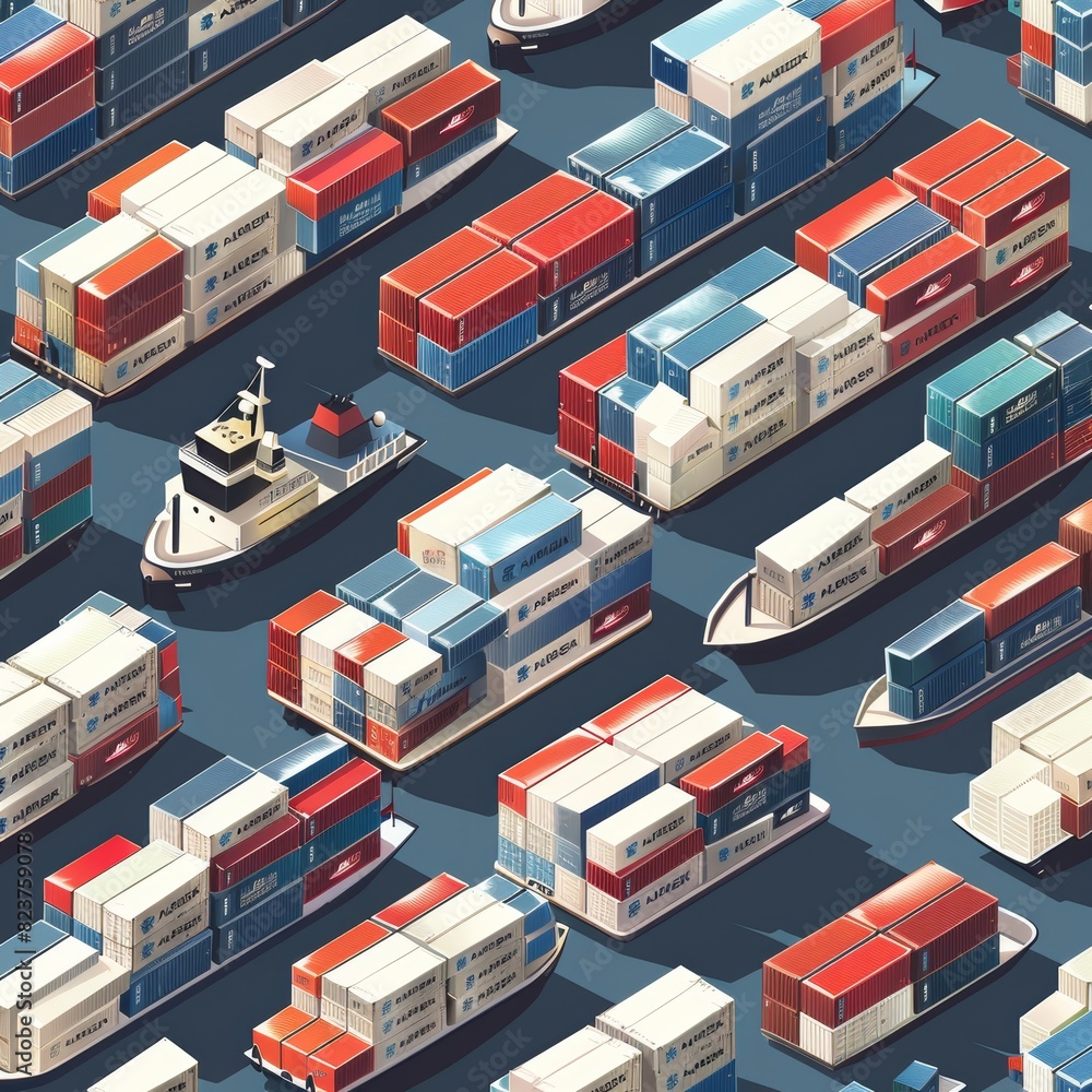 Poster seamless pattern of miniature container ships and cargo boxes for logistics and shipping design proj