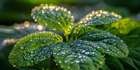 Morning Light Enhancing the Beauty of Dew Drops on Green Gotu Kola Leaf. Concept Nature Photography, Morning Light, Dew Drops, Green Gotu Kola Leaf