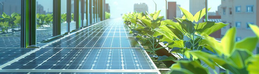 Obraz premium Solar Panel Arrays: Close-up of solar panel arrays, green roofs, and eco-friendly buildings, showcasing the city's commitment to sustainability and renewable energy