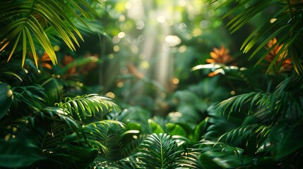 Background Tropical. Amid the lush tropical rainforest foliage, the ground is a patchwork of vibrant greens and earthy browns, teeming with life.