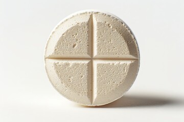 This is a photograph of a white, round pill. The pill is scored, with a cross-shaped pattern on one side. The pill is in focus and is surrounded by a white background.