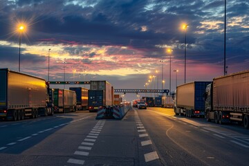 Dynamic Border Crossing Scene with Trucks Awaiting Evening Customs Clearance Under Vibrant Sky