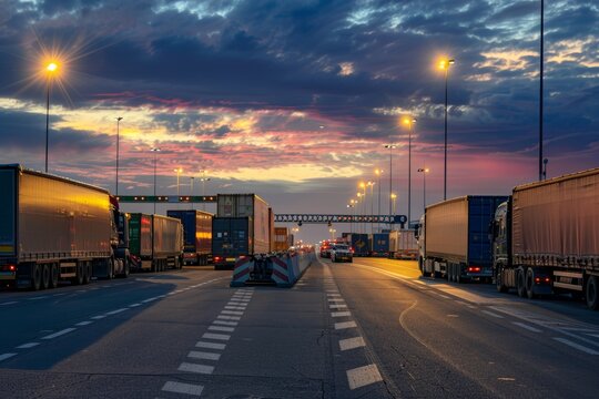 Dynamic Border Crossing Scene with Trucks Awaiting Evening Customs Clearance Under Vibrant Sky