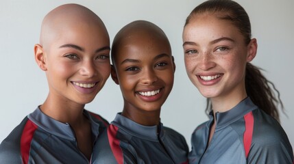 Portrait of three cheerful bald girls on a white background looking into the camera