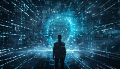 A man stands in a large, empty room with a blue background by AI generated image