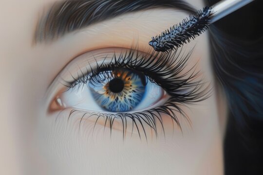 Mascara Application A close-up of an eye with a mascara wand lengthening and defining the lashes