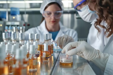 Product Testing Scientists in a lab testing skincare products on small samples, ensuring safety and efficacy before they reach the market