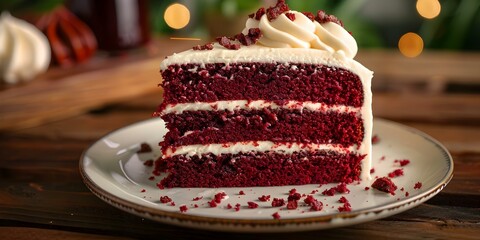 Close-up of a slice of red velvet cake with cream cheese frosting on a plate. Concept Food Photography, Dessert, Red Velvet Cake, Sweet Treats, Close-up Shots