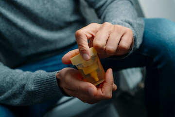 man closing a sterile container with urine