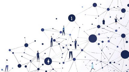 vector flat illustration of social network, white background with dark blue lines and circles connecting people