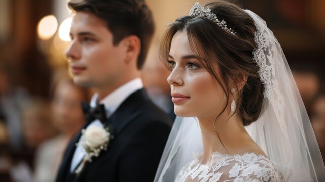 A wedding ceremony in a church. The bride, wearing a delicate lace veil and a jeweled tiara, has a serene expression as she focuses on the ceremony. She is dressed in a beautiful lace wedding gown.