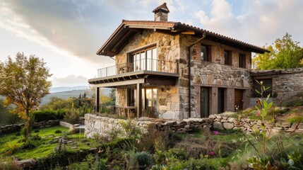 Ecological passive house with a rustic design, characterized by natural materials such as stone, wood and adobe generative ai