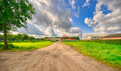 A red excavator in the middle of a rural landscape under a cloudy sky in The Netherlands.