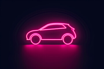 Illustration. Simple and minimalist logo of a car silhouette in pink neon, on a black background.