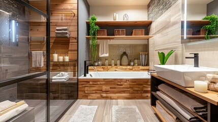 Fototapeta na wymiar Modern bathroom with stylish bathtub and wash basin and wooden counter and shelf. generative ai