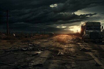A deserted road at sunset, lined with debris and an abandoned truck, with dark storm clouds overhead.