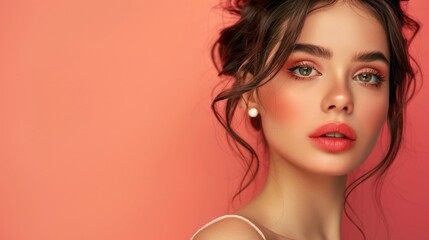 A beautiful young woman with wonderfully hair and traditional makeup.
 An advertising photo on a uniform colored background.
