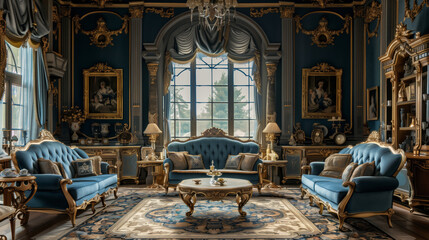 classic Rococo-style drawing room, where a blue and gold color scheme reigns supreme, adorning antique furnishings with elegance and grace