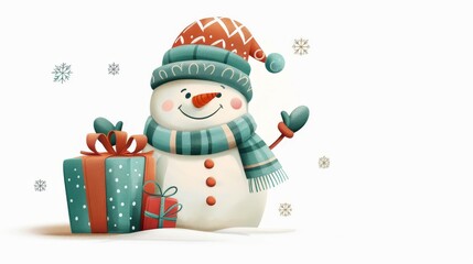A charming snowman with a scarf and hat depicted as a delightful vector character, Generated by AI