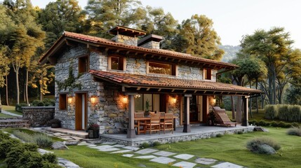 Obraz premium Ecological passive house with a rustic design, characterized by natural materials such as stone, wood and adobe generative ai