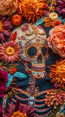 Vibrant Dia de Muertos skeleton embroidery featuring soft focus floral elements