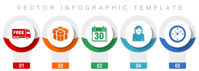 Business icon set, miscellaneous vector icons such as free delivery, calendar, clock and call center, modern design infographic template, web buttons in 5 color options