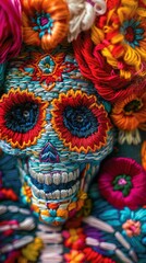 Vibrant Dia de Muertos skeleton embroidery featuring soft focus flowers