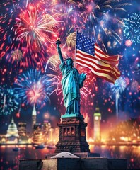 Naklejka premium Illustration of the Statue of Liberty with an American flag and fireworks in the background. a symbol of America
