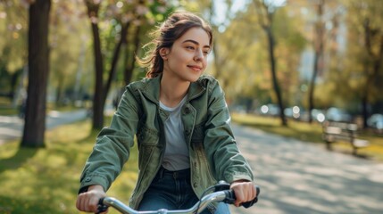 A woman is riding a bike in a park