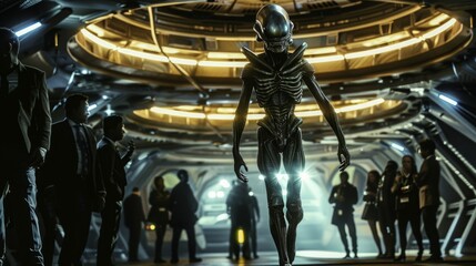 A futuristic alien strides confidently through a brightly lit spacecraft interior, surrounded by curious onlookers in a nighttime setting.