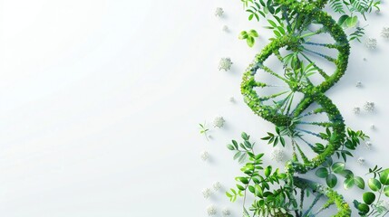 top view of DNA with green plants and organic elements on white background, 3d rendering illustration