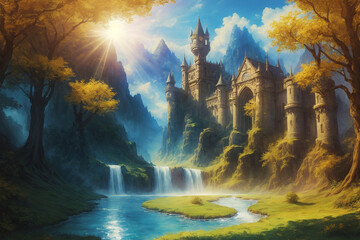 landscape with a river and a tall, beautiful castle - Powered by Adobe