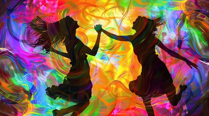 A pair of women dancing together, surrounded by psychedelic swirls, pop art, neon colors, digital painting, expressing joy and freedom