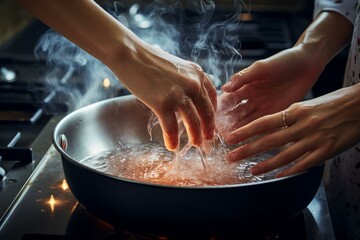 Close-up of two people's hands cooking on a stove with steam and sparks rising from the pan