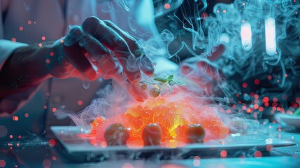 A chef creating a molecular gastronomy dish, detailed close-up, neon accents, photo-realistic, innovative