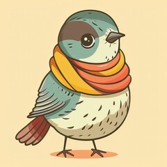 Bird with a scarf, simple flat line drawing clip art, simple line art illustration with two colors, clipart isolated on a pure solid color pastel cream background, simple doodle design for a kids